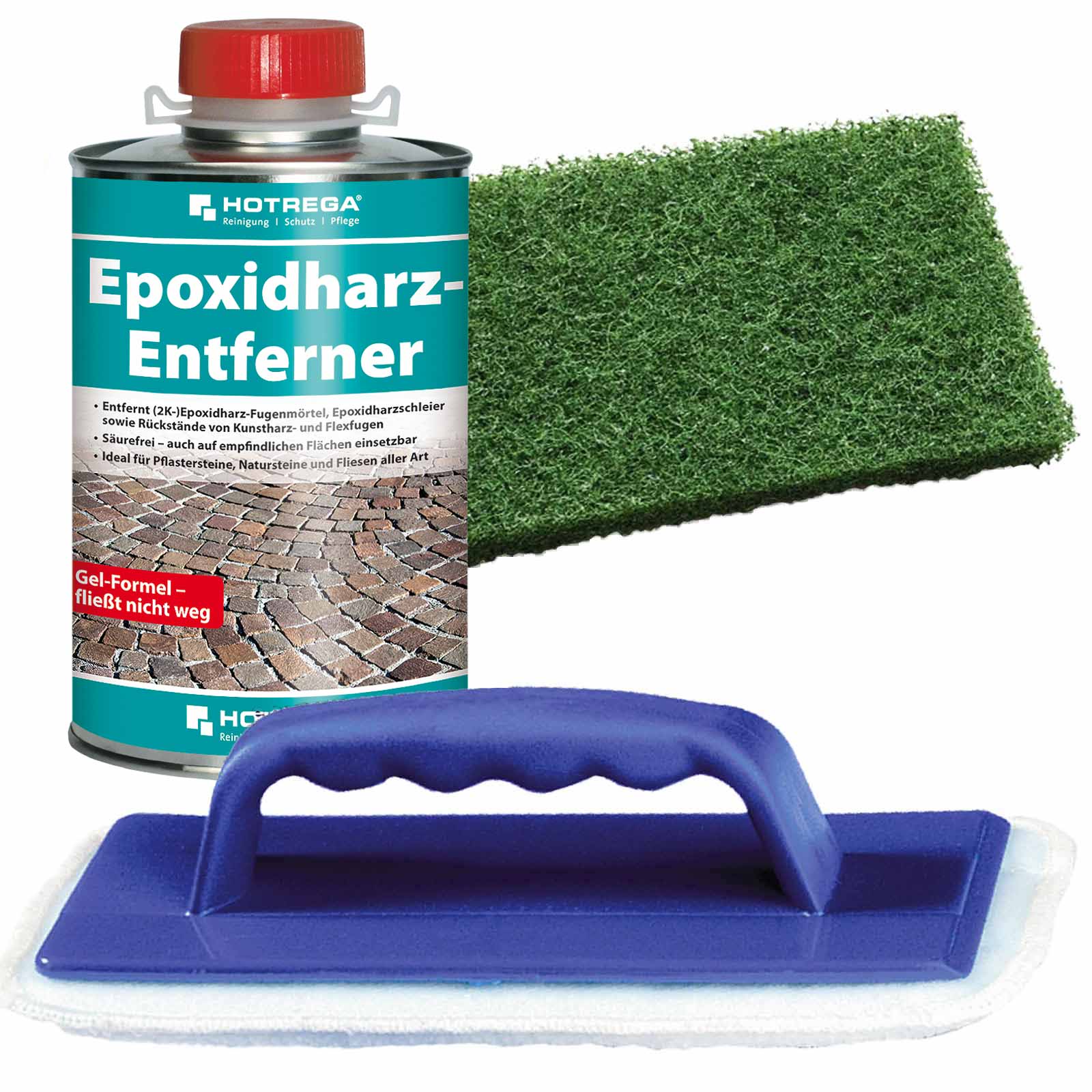 HOTREGA Epoxidharz Entferner Harz Farbem Steinreiniger 1L mit Handpad und Halter von HOTREGA