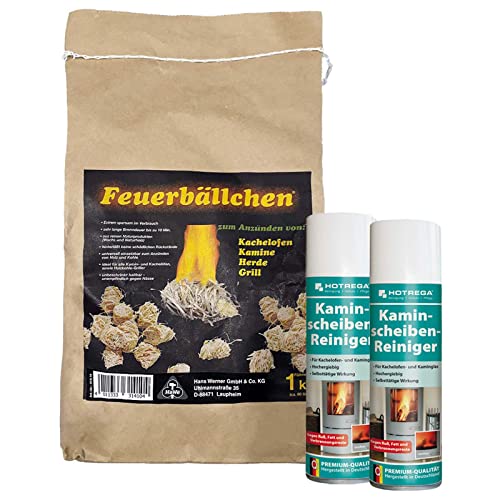 HOTREGA Kaminscheiben Reiniger 2x 300 ml inkl. Feueranzünder 1 kg, Glasreiniger, Kaminglasreiniger von HOTREGA