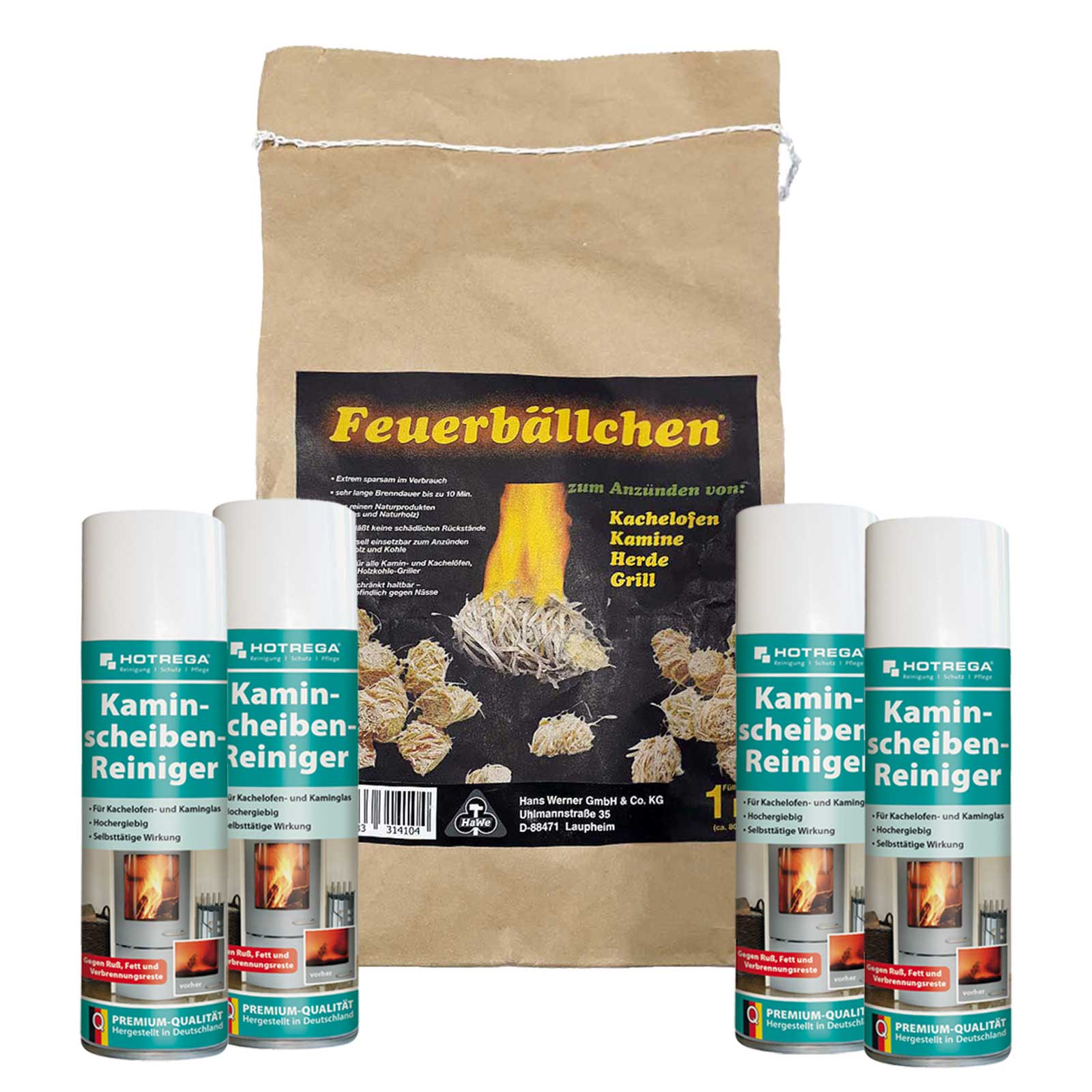 HOTREGA Kaminscheiben Reiniger Ofenreiniger Ruß Harz 4x300ml 1kg Kaminanzünder von HOTREGA