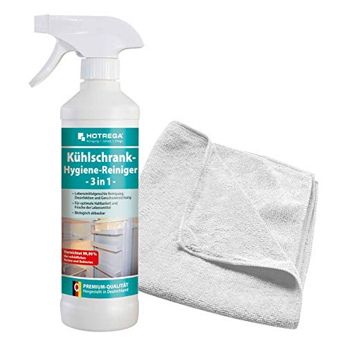 HOTREGA Kühlschrank Hygiene Reiniger 3in1 500 ml SET + Microfasertuch 40 x 40 cm von HOTREGA