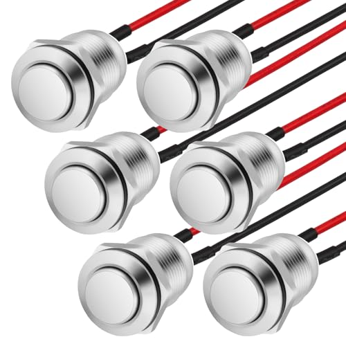 HOTUT 6 Stück Druckschalter,12mm Momentaner Druckschalter, Metall wasserdichte Taste,Hervorstehend Druckschalter mit Draht(Hervorstehend) von HOTUT