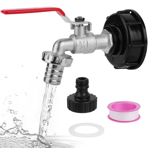 HOTUT Auslaufhahn IBC, 3/4" Kugelauslaufhahn, 1000l wassertank zubehör auslaufhahn, IBC Tank Auslaufhahn Inkl. Schlauchanschluss & Adapter für IBC Tank zubehör, S60x6 Regentonne Wasserhahn von HOTUT