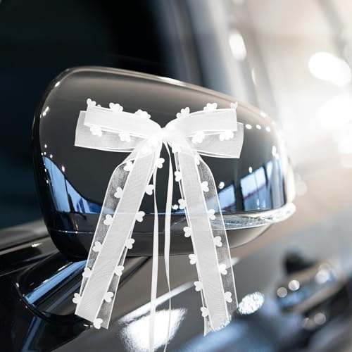 HOTUT Autoschleifen Hochzeit,55 Stück Weiß Herzen Schleifen,Handgemacht Satinband Deko Schleifen für Hochzeit Party Geburtstag Geschenkenverpackung von HOTUT