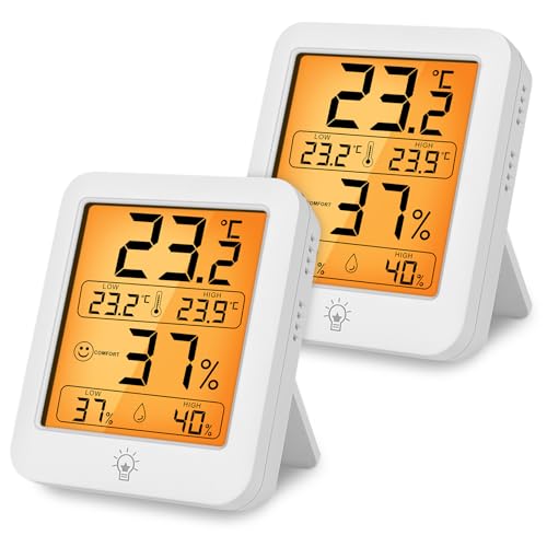 HOTUT Digital Thermometer Hygrometer, 2 Stück Innen Thermometer mit Hintergrundbeleuchtung, 5s schnelle Antwort Temperatur Luftfeuchtigkeitsmesser, Thermo-Hygrometer Raumthermometer Klima Monitor von HOTUT
