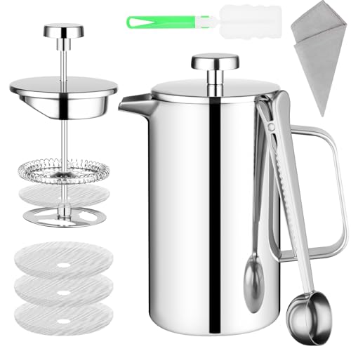 HOTUT French Press Kaffeebereiter, 350 ml Edelstahl Französische Presse mit Löffel, Ersatzfilter, Klein Kaffeezubereiter Doppelwandige, kaffeekanne thermo für Zuhause Reisen Camping von HOTUT