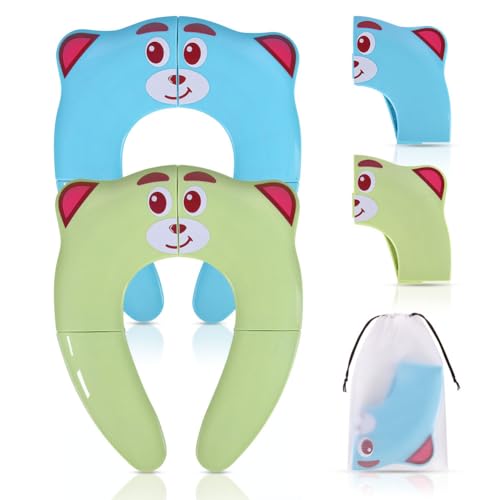 HOTUT Foldable Toilet Seat Children, 2 Stück Tragbar Reise Toilettensitz mit Storage Bag und Belohnungsaufkleber,Children's Toilet Seat,Rutschfest Travel Potty Seat für Kleinkind/Kinder(Blau,Grün) von HOTUT