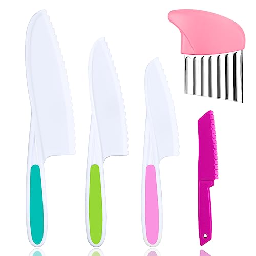 HOTUT Kindermesser, 5 Stück Kinder-Küchenmesser-Set, zum Schneiden und Kochen von Obst oder Gemüse für Kleinkinder, inklusive Geriffeltes Messer, Kunststoff-Kleinkindmesser(Rosa) von HOTUT