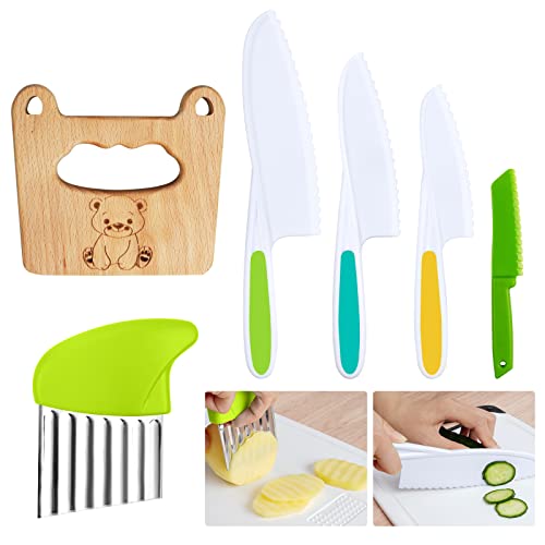 HOTUT Kindermesser, 6 Stück Kinder-Küchenmesser-Set, zum Schneiden und Kochen von Obst oder Gemüse für Kleinkinder, inklusive Holz Kindermesser, Kartoffelschneider, Kunststoff-Kleinkindmesser von HOTUT