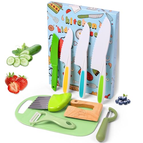 HOTUT Kindermesser Set, 9-teiliges Kinder Sicherheit Küchenmesser zum Schneiden und Kochen mit Gemüse Ausstechformen, Holzmesser Schneidebrett Schäler, Montessori kochset für Kinder ab 2 Jahren von HOTUT