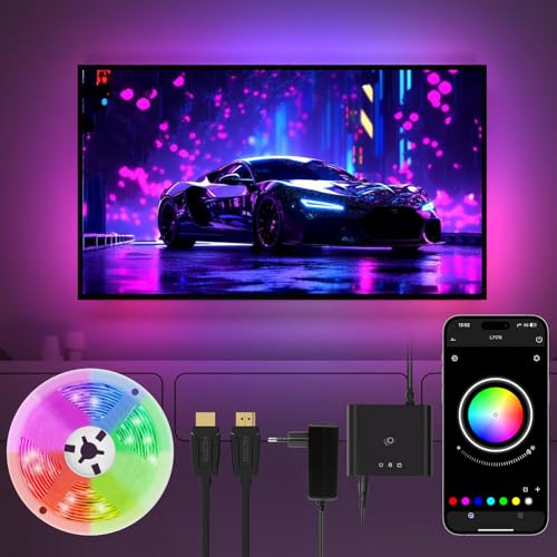 HOTUT Led Strip, 5m TV Hintergrundbeleuchtung mit HDMI Sync box, Sync für 45-75 Zoll TVs, Musiksynchronisation, LED Streifen mit Bluetooth-Funktion, ambilight RGBIC-LED TV Lichtstreifen, App-Steuerung von HOTUT