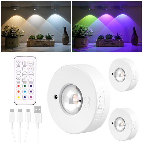 HOTUT RGB LED Spots akku mit Fernbedienung, 3 Stück USB Aufladbar Vitrinenbeleuchtung LED, kabellos Unterbauleuchte LED Schrankbeleuchtung, Dimmbar LED Spotlight mit Timer-Funktion von HOTUT