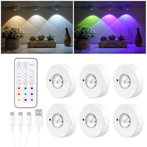 HOTUT RGB LED Spots akku mit Fernbedienung, 6 Stück USB Aufladbar Vitrinenbeleuchtung LED, kabellos Unterbauleuchte LED Schrankbeleuchtung, Dimmbar LED spotlight mit Timer-Funktion von HOTUT
