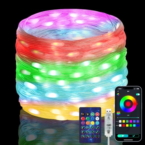 HOTUT Lichterkette RGB Smart IC, 15M Bunt Lichterkette Außen mit Fernbedienung & App Steuerung, Musik Sync, Timer, 99+ Modi, wasserdicht Lichtschlauch, Smart Fairy Lichterkette für Dekoration von HOTUT