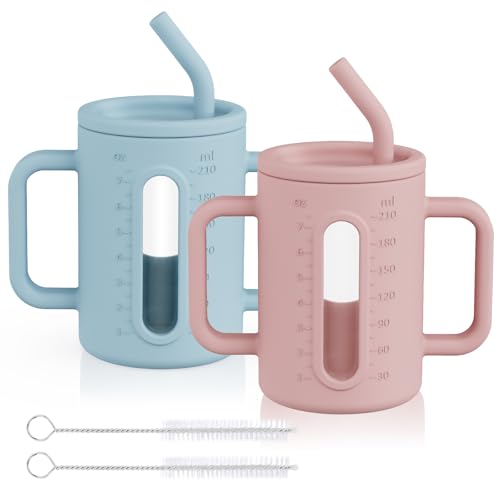 HOTUT Silikon Schnabeltasse, 2er-Pack Kleinkinder Glasbecher mit Silikonhüllen,Strohhalme und Strohbürste, 210 ml Trinkbecher für Kinder mit Griffen,Abnehmbare Kleinkind Becher - rosa+blau von HOTUT