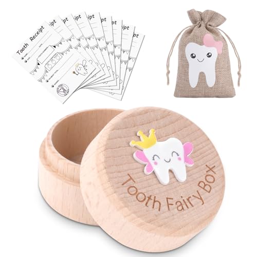 HOTUT Tooth Fairy Box,Zahndose Milchzahndose,Zahn Andenkenbox,Holz Milchzähne Box mit 3D geschnitzte Holzkiste,Zahndose Milchzähne Enthält 1 Zahndose, 1 Zahnfee-Beutel und 10 Zahnfee-Zertifikate von HOTUT