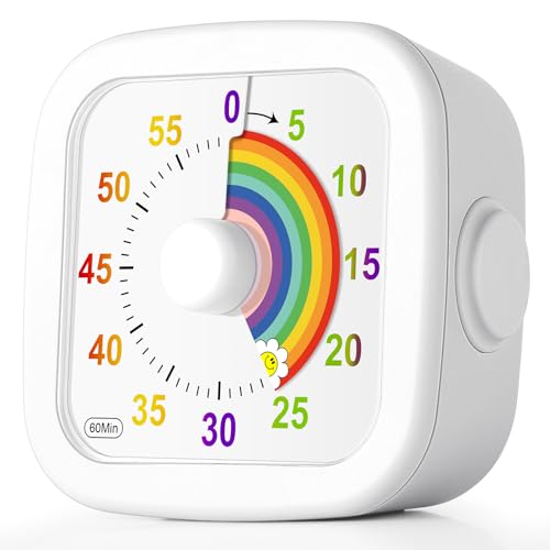HOTUT Visueller Timer,60 Minuten Countdown Timer mit Regenbogen Muster,Leises Zeit Management Werkzeug für Kinder Erwachsene, Analoger Kurzzeitmesse für Klassenzimmer Büro Küche(Weiß Regenbogen) von HOTUT