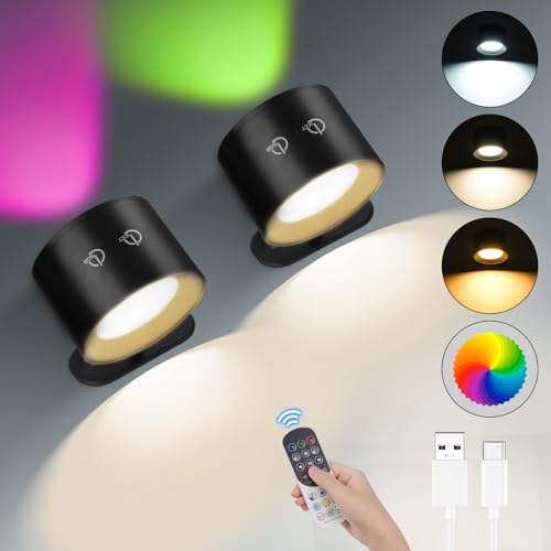 HOTUT Wandleuchte Innen,2 Stück Wandlampe mit RGB-Ambiente-Beleuchtung mit Fernbedienung,Akku Wandlampe,360° Drehbare Touch Control Wandlampen,Kabellos Leselampe für Wohnzimmer, Schlafzimmer-Schwarz von HOTUT