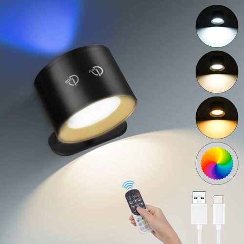 HOTUT LED Wandleuchte Innen,Wandlampe mit RGB-Ambiente-Beleuchtung mit Fernbedienung,Akku Wandlampe,360° Drehbare Touch Control Wandlampen,Kabellos Leselampe für Wohnzimmer, Schlafzimmer-Schwarz von HOTUT