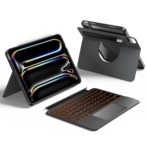 HOU Drehbare hülle mit Tastatur für iPad Pro 11″ M4 (2024) – Magnetisch abnehmbare Tastatur, kompatibel mit 5. Gen iPad Pro 11″ mit Multitouch-Trackpad & 7-Farben-Hintergrundbeleuchtung–Schwarz von HOU