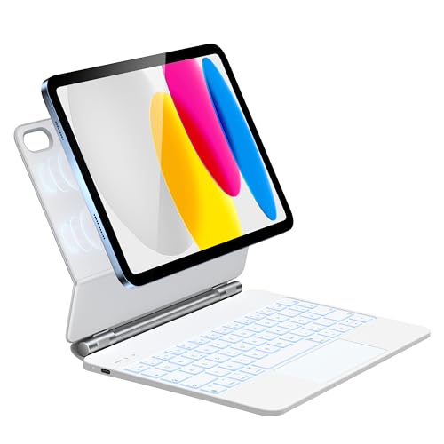 HOU Tastatur Hülle für iPad 11. Generation 2025 A16/10. Generation 2022, Magnetischer Ständer, 7-farbige Hintergrundbeleuchtung, iPad 10. Generation 2022 Hülle mit Tastatur, QWERTZ Layout, Weiß von HOU