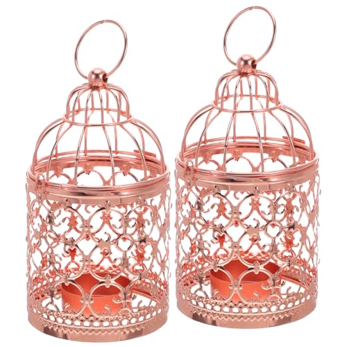 HOUDERCO 2 Stück Teiliges Hängende Metall vogelkäfig laternen Roségold Dekorativer Teelichthalter mit Vintage design Platzsparend Warmes Kerzenlicht als Tisch mittelstück für Hochzeit und von HOUDERCO