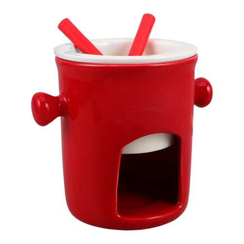 HOUDERCO Keramik Fondue Set Schokoladen Schmelztopf mit Gabeln Rot Wärmespeichernd für Geburtstag Party Date Night Stilvoller Schokoladen Fondue Becher von HOUDERCO