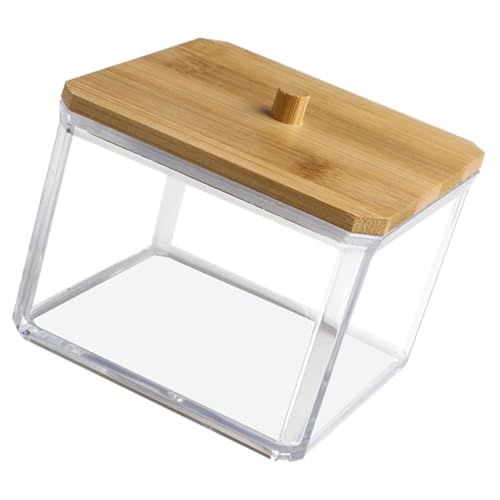 HOUDERCO Wattestäbchen Aufbewahrungsbox aus Transparenter Behälter für Wattepads Kompakter Organizer mit Bambusdeckel für Schreibtisch und Kommode Platzsparend von HOUDERCO