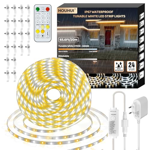 HOUHUI 20 Meter Weiße LED Streifen,2700K-6500K Abstimmbarer Weißer LED Streifen mit Fernbedienung, Außen Warm Bis Kühl Weiß LED Strip für Haus Balkon Deck Dach Pool,Wasserdicht IP67 von HOUHUI