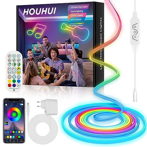 HOUHUI Neon Streifen Lichter,5m RGB LED Neon Strip mit Remote per App,IP67 Wasserdichte Neon LED Streifen, 12V Musik Synch Neon Strip,DIY Design,Flexible Neon Lichter für Schlafzimmer, Spielzimmer HOUHUI Neon Streifen Lichter,5m RGB LED Neon Strip mit Remote per App,IP67 Wasserdichte Neon LED Streifen, 12V Musik Synch Neon Strip,DIY Design,Flexible Neon Lichter für Schlafzimmer, Spielzimmer von HOUHUI
