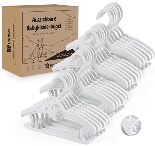 24 Stück Babykleiderbügel Platzsparend, Mitwachsende KinderKleiderbügel Verstellbare 27.5-37cm mit Stapelbaren-Haken, rutschfeste Kunststoff Kleiderbügel für Kleinkinder und Schulkinder, Weiß von HOUISM