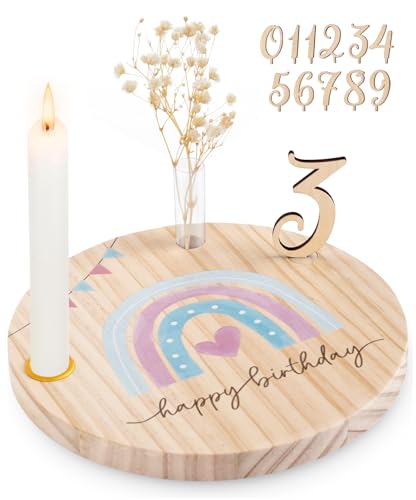 Geburtstagsteller Holz Personalisierter Geburtstagskranz mit Kerzenhalter Vase Zahlen 0-9 Gästebuch Geburtstag Geburtstagsdeko Geburtstagsgeschenk für Jungen Mädchen, (Regenbogen) von HOUISM