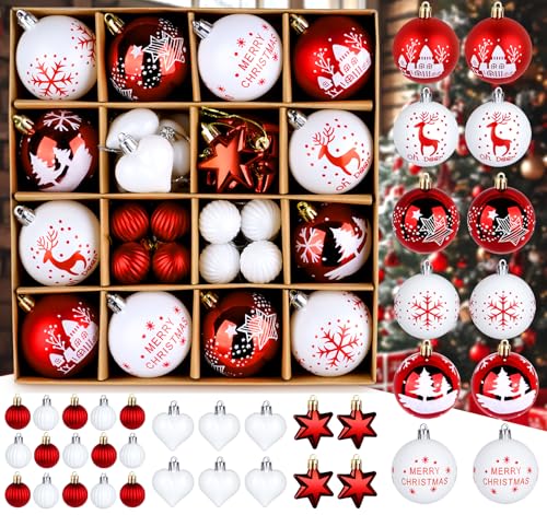 HOUISM Weihnachtskugeln mit Gemälde & Funkelndem als Traditionelles Handbemalt Thema Rot Weiß, Christbaumkugeln Kunststoff Weihnachtsdeko mit Aufhänger, Handarbeit für Weihnachtsfeier Dekor von HOUISM