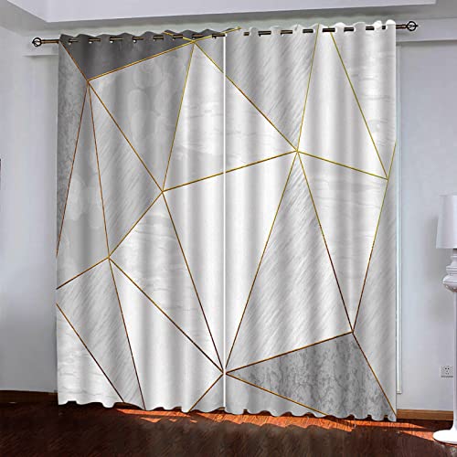 Blickdicht Vorhänge Muster Kurz Gardinen 140x160Cm 3D Grau-Goldene Linie Geometrisch Verdunkelungsvorhang Bedruckt Vorhang Mit Ösen Gardinen Ösenvorhang Blickdicht Schlafzimmer Wohnzimmer-2 Stücke von HOUKAI