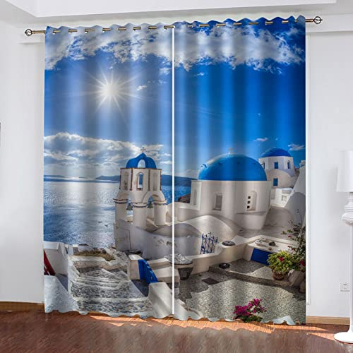 Gardinen Kurz Wohnzimmer 2 Er Set 140x200Cm 3D Mediterrane Architektur Landschaft Vorhang Verdunkelung Mit Ösen Für Schlafzimmer Wohnzimmer Kinderzimmer, Blickdicht Vorhänge Verdunkelungsvorhang Mit von HOUKAI