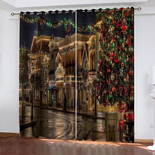 Gardinen Kurz Wohnzimmer 2 Er Set 140x200Cm 3D Weihnachts-Straßen-Szene Vorhang Verdunkelung Mit Ösen Für Schlafzimmer Wohnzimmer Kinderzimmer, Blickdicht Vorhänge Verdunkelungsvorhang Mit Muster von HOUKAI