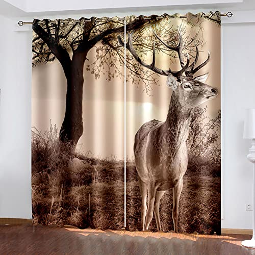 HOUKAI 3D Vorhänge Schlafzimmer Baum Hirsche Tier Drucken Curtains Für Wohnzimmer Deko 234x230 cm Vorhang Blickdicht Verdunklungsgardine Mit Ösen 2Er Set, Verdunkelung Für Schlafzimmer Kinder von HOUKAI