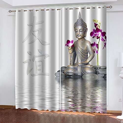 HOUKAI Blickdicht Vorhänge Muster Kurz Gardinen 140x160Cm 3D Druck Einer Buddha-Statue Verdunkelungsvorhang Bedruckt Vorhang Mit Ösen Gardinen Ösenvorhang Blickdicht Schlafzimmer Wohnzimmer-2 Stücke von HOUKAI