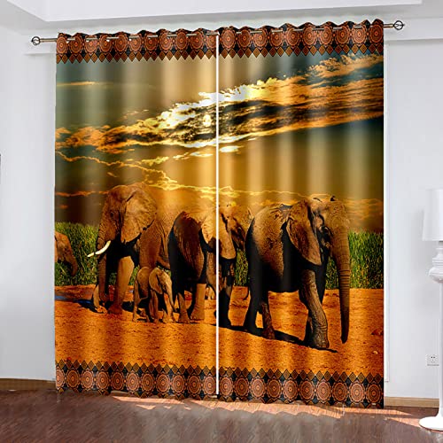 HOUKAI Vorhänge Kurz Fenster Wohnzimmer 3D Afrikanischer Elefant Vorhang Verdunkelung Blickdicht Gardinen 140x160 cm Vorhänge Schlafzimmer Mit Muster Modern 2Er Set, Vorhänge Für Kinder Mit Ösen von HOUKAI