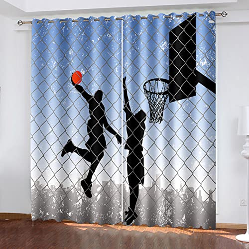 HOUKAI Vorhänge Kurz Fenster Wohnzimmer 3D Blau Kreativ Basketball Vorhang Verdunkelung Blickdicht Gardinen 140x160 cm Vorhänge Schlafzimmer Mit Muster Modern 2Er Set, Vorhänge Für Kinder Mit Ösen von HOUKAI