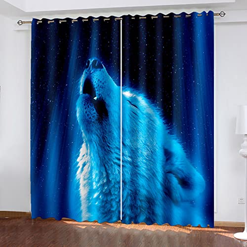 HOUKAI Vorhänge Kurz Fenster Wohnzimmer 3D Blauer Sternenhimmel Wolf Vorhang Verdunkelung Blickdicht Gardinen 140x160 cm Vorhänge Schlafzimmer Mit Muster Modern 2Er Set, Vorhänge Für Kinder Mit Ösen von HOUKAI