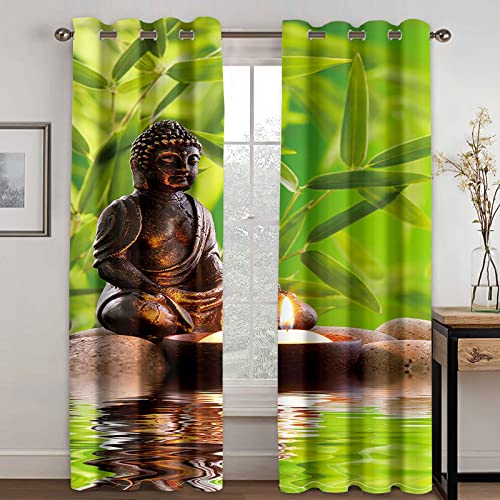 HOUKAI Vorhänge Kurz Fenster Wohnzimmer 3D Grüner Buddha Zen Vorhang Verdunkelung Blickdicht Gardinen 140x160 cm Vorhänge Schlafzimmer Mit Muster Modern 2Er Set, Vorhänge Für Kinder Mit Ösen von HOUKAI