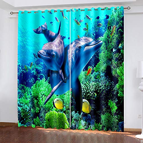 HOUKAI Vorhänge Kurz Fenster Wohnzimmer 3D Meerestiere Liebe Delfine Vorhang Verdunkelung Blickdicht Gardinen 140x160 cm Vorhänge Schlafzimmer Mit Muster Modern 2Er Set, Vorhänge Für Kinder Mit Ösen von HOUKAI