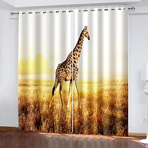 HOUKAI Vorhänge Kurz Fenster Wohnzimmer 3D Sonnenschein Giraffe Tiere Vorhang Verdunkelung Blickdicht Gardinen 140x160 cm Vorhänge Schlafzimmer Mit Muster Modern 2Er Set, Vorhänge Für Kinder Mit Ösen von HOUKAI