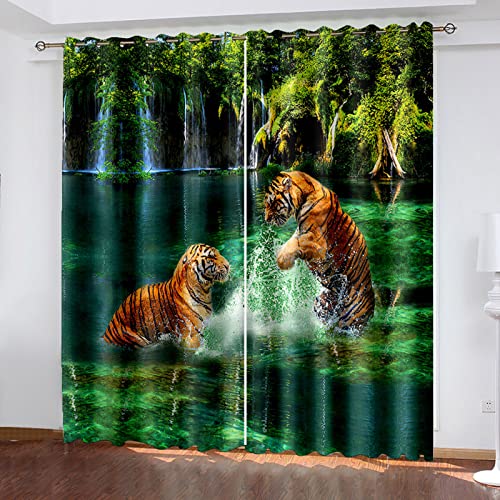 HOUKAI Vorhänge Kurz Fenster Wohnzimmer 3D Tiger Im See Vorhang Verdunkelung Blickdicht Gardinen 140x160 cm Vorhänge Schlafzimmer Mit Muster Modern 2Er Set, Vorhänge Für Kinder Mit Ösen von HOUKAI