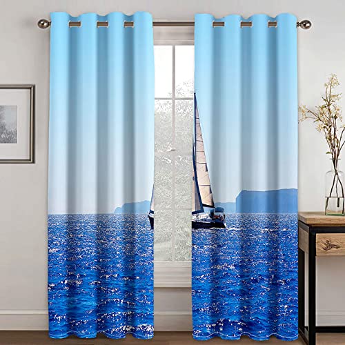 HOUKAI Vorhänge Mit Ösen 2Er Set 3D Blaues Meer Segelboot Vorhänge Muster Vorhang Blickdicht 140x200 cm Verdunkelung Drucken Verdunklungsvorhänge 2Er Set Für Deko Wohnzimmer Modern Schlafzimmer von HOUKAI