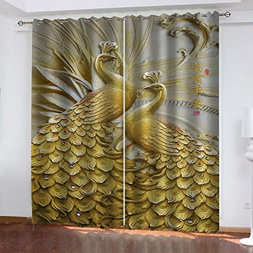 HOUKAI Vorhänge Schlafzimmer 2 Stücke 3D Kamee Gold Pfau Breite Vorhänge Mit Ösen Für Wohnzimmer, 234x230Cm Fenster Vorhang Verdunkelungsvorhang, Gardinen Blickdicht, Verdunklungsvorhänge von HOUKAI