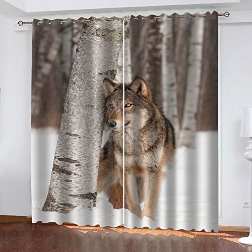 HOUKAI Vorhänge Schlafzimmer 2 Stücke 3D Wald Schnee Tier Wolf Breite Vorhänge Mit Ösen Für Wohnzimmer, 234x230Cm Fenster Vorhang Verdunkelungsvorhang, Gardinen Blickdicht, Verdunklungsvorhänge von HOUKAI