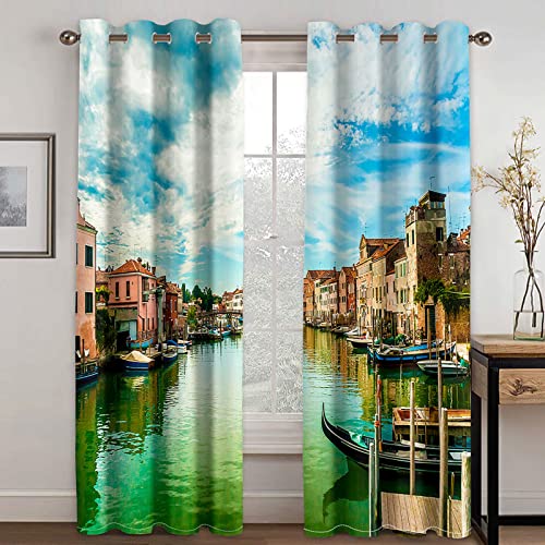 HOUKAI Vorhänge Wohnzimmer Blickdicht 3D Wasserarchitektur Drucken Curtains Für Schlafzimmer Wohnzimmer Deko 264x214 cm Vorhang Blickdicht Verdunklungsgardine Mit Ösen, Deko Verdunklungsvorhang von HOUKAI