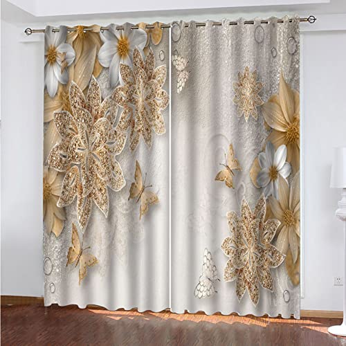 Vorhänge Kinderzimmer Mädchen, 3D Goldener Schmetterling Floral Gardinen Wohnzimmer Vorhang 200x214Cm Vorhänge Verdunkelung Vorhang Blickdicht Mit Ösen Schlafzimmer Gardinen, Muster Vorhang 2Er Set von HOUKAI