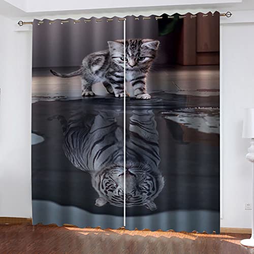 Vorhänge Schlafzimmer 2 Stücke 3D Tierisches Kätzchen Mit Tiger Breite Vorhänge Mit Ösen Für Wohnzimmer, 234x230Cm Fenster Vorhang Verdunkelungsvorhang, Gardinen Blickdicht, Verdunklungsvorhänge von HOUKAI